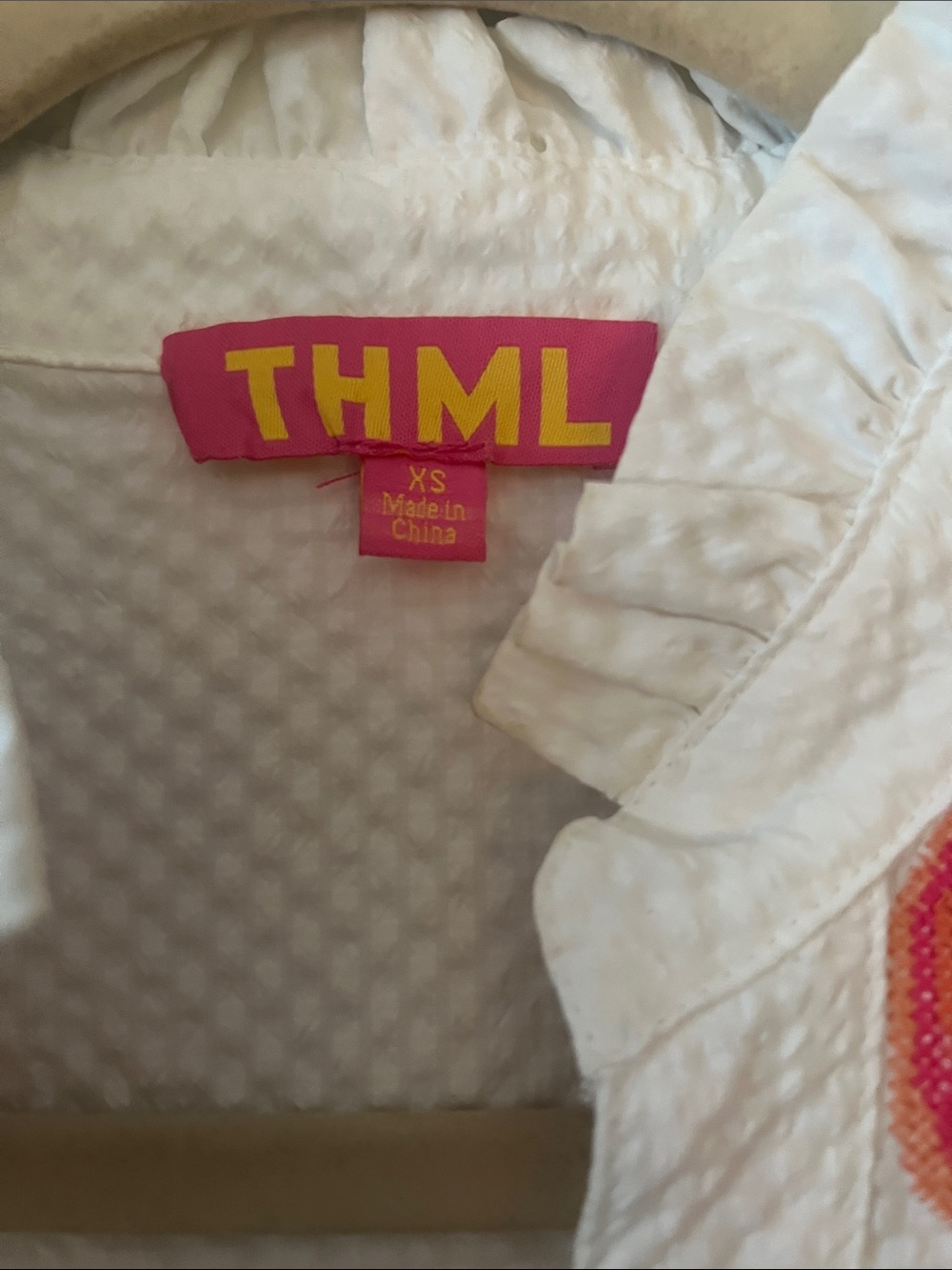 THML White Textured V-Neck Top with Colorful Floral Puff Sleeves - Picture 2 of 3